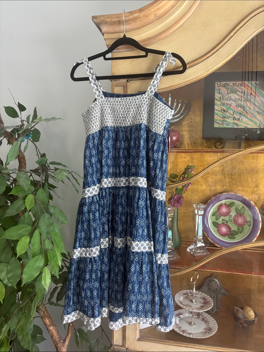 Zara Boho Peasant Spaghetti Strap Smocked Dress Navy/white Size 13 jr ot Petite - Picture 3 of 8